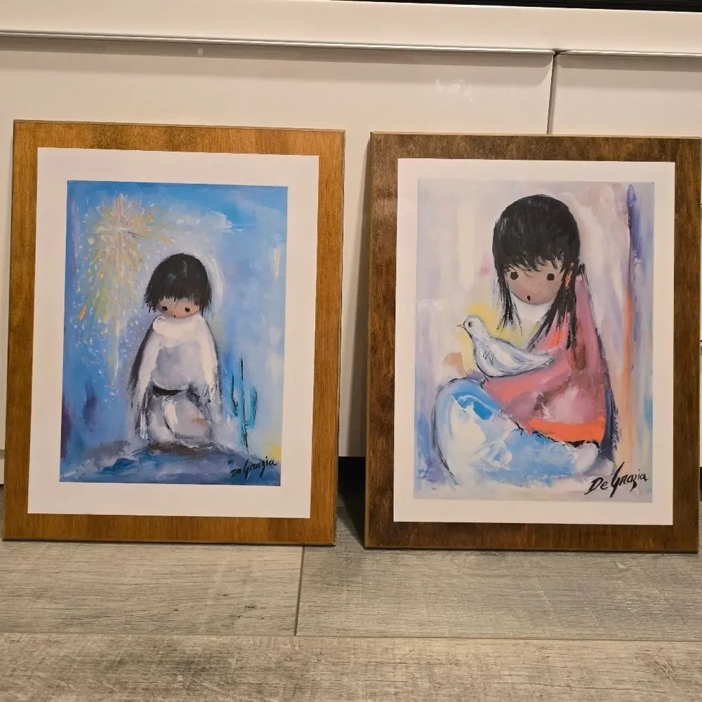 Vintage De Grazia Set of 2 Laminated  Plaques Prints The White Dove and Blue Boy